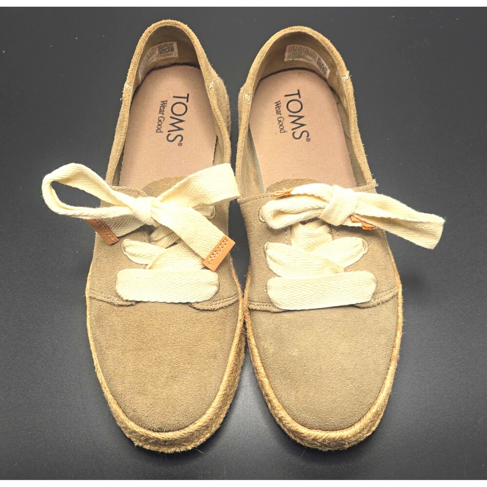 TOMS Carolina Lace Up Espadrille Sneakers Women Suede Tan Beige Low Top Size 7.5